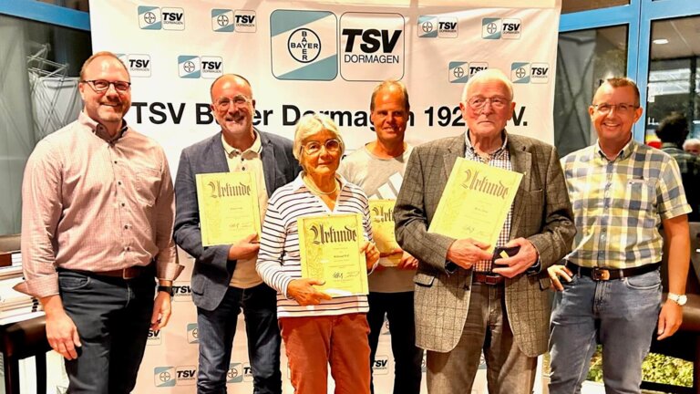 André van Broich (TSV-Vorstand), Klaus Gerke, Wiltraud Will, Klaus Keller (alle 50 Jahre), Heinz Zaun (60 Jahre) und Frank Neuenhausen (TSV-Geschäftsführer)